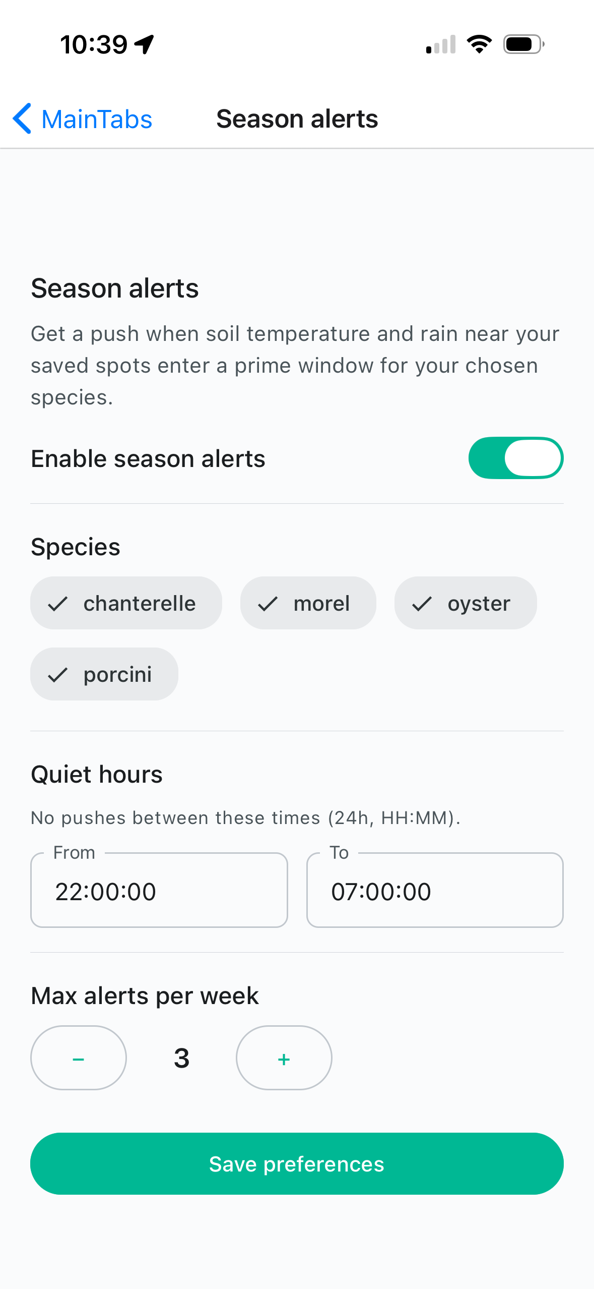 Season alerts settings
