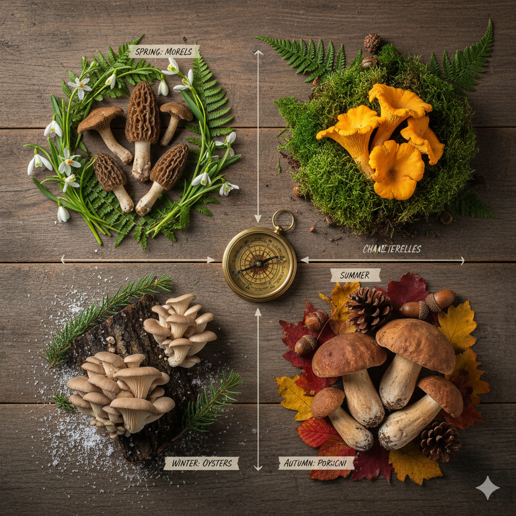 Mushroom foraging seasonal calendar showing different mushrooms throughout the year