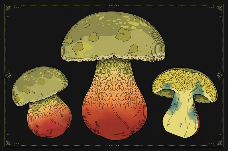 Satan's bolete (Boletus satanas) specimen illustration