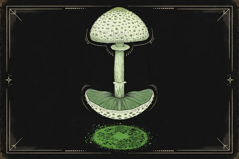 Green-spored parasol (Chlorophyllum molybdites) specimen illustration