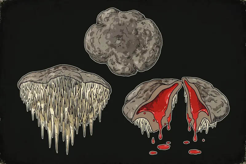 Bleeding Tooth Fungus (Hydnellum peckii) specimen illustration