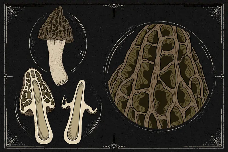 Half-free morel (Morchella semilibera) specimen illustration