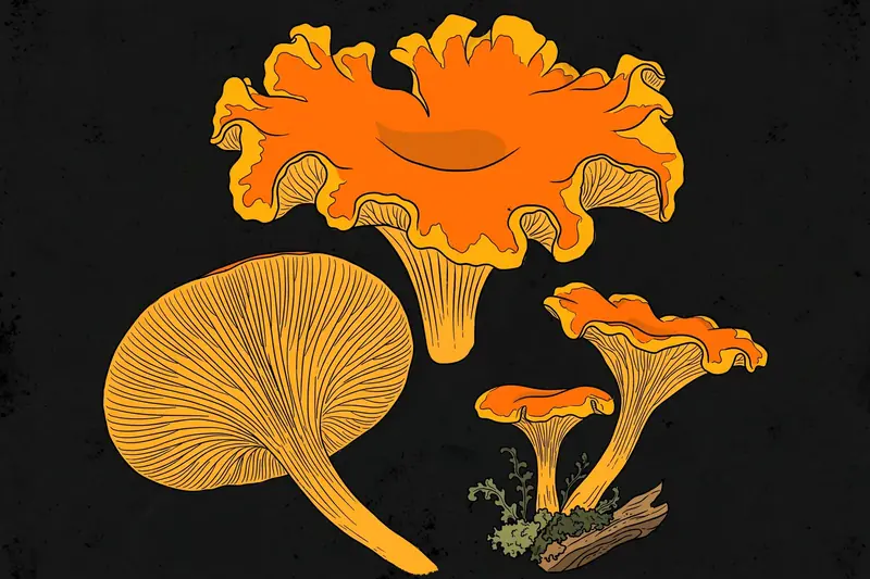Jack-o'-lantern mushroom (Omphalotus illudens) specimen illustration